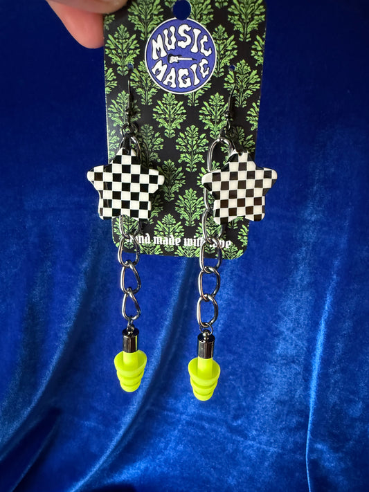 Ear Plug Earrings - Checker Star Lime Ear Plugs
