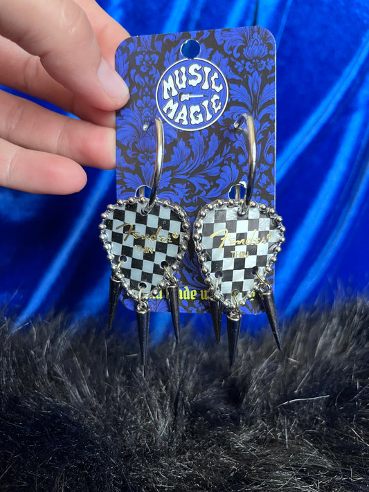 Checker Guitar Pick Spike Hoop Earrings