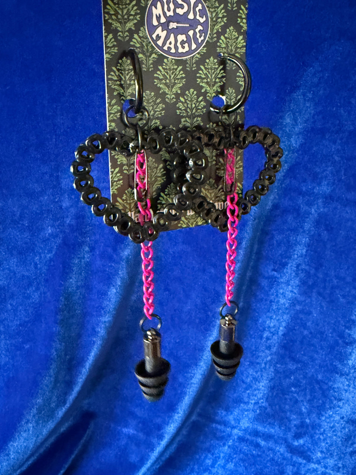 Ear Plug Earrings - Black Hearts, Pink Chain, Safety Pin