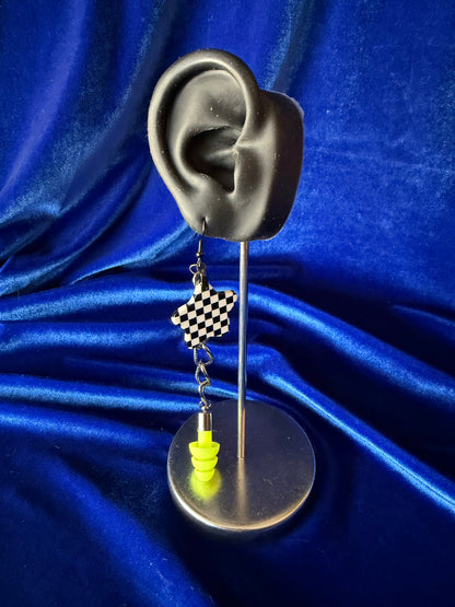 Ear Plug Earrings - Checker Star Lime Ear Plugs
