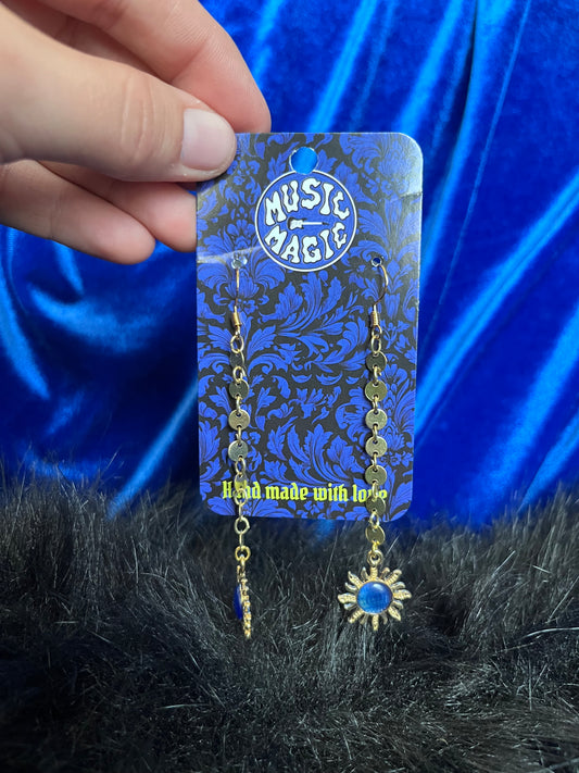 Sun Chain Dangle Earrings - Gold and Blue