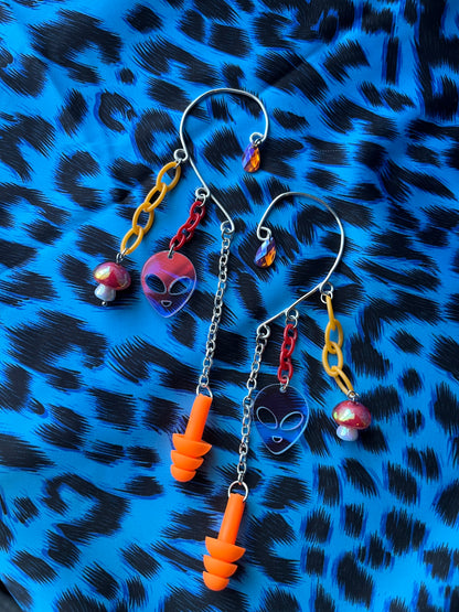 Ear Plug Ear Cuff Set - Orange Alien Shrooms