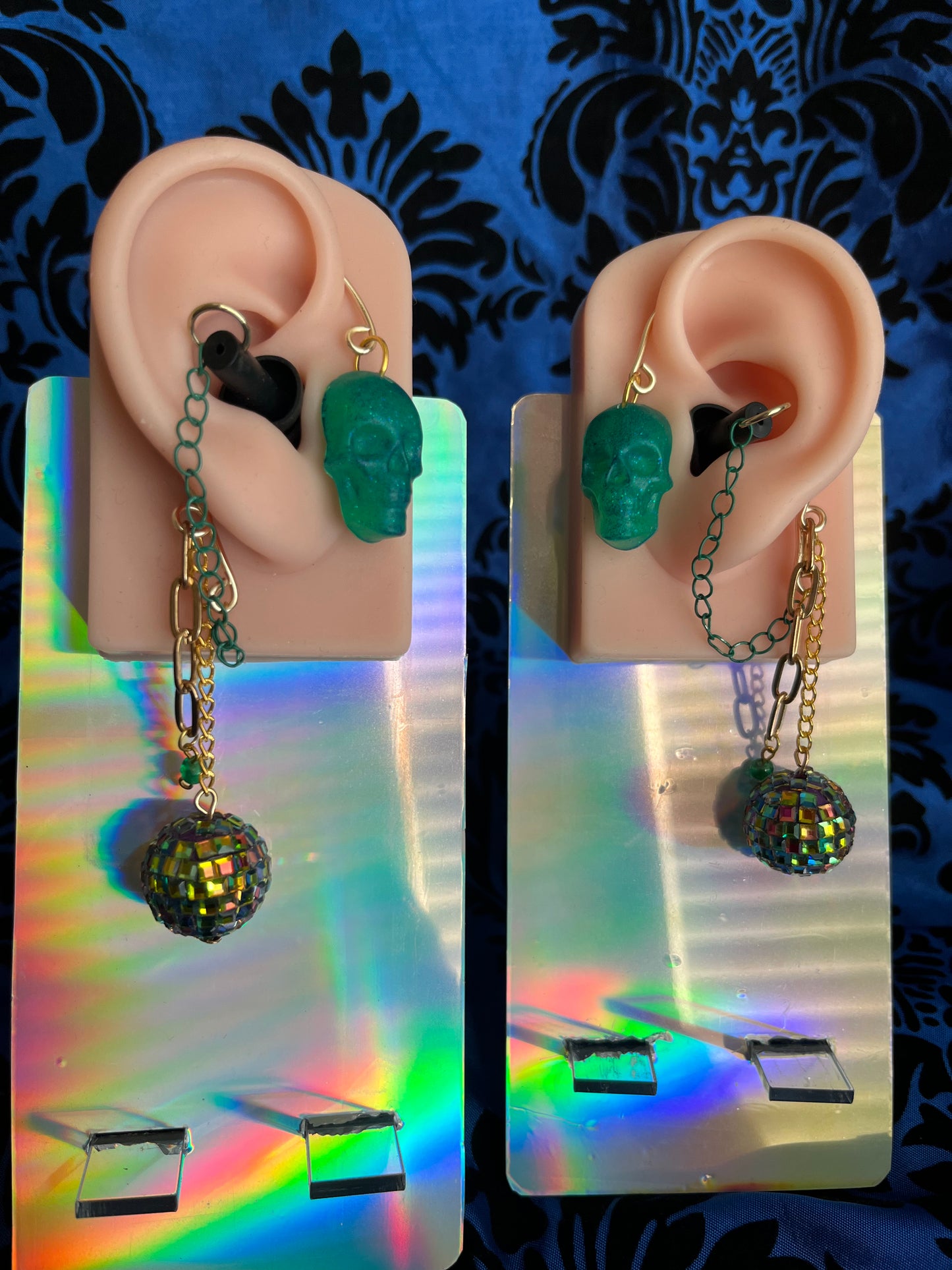 Ear Plug Ear Cuff Set - Green Skull