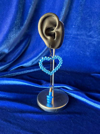 Ear Plug Earrings - Blue Heart with Gunmetal Chain