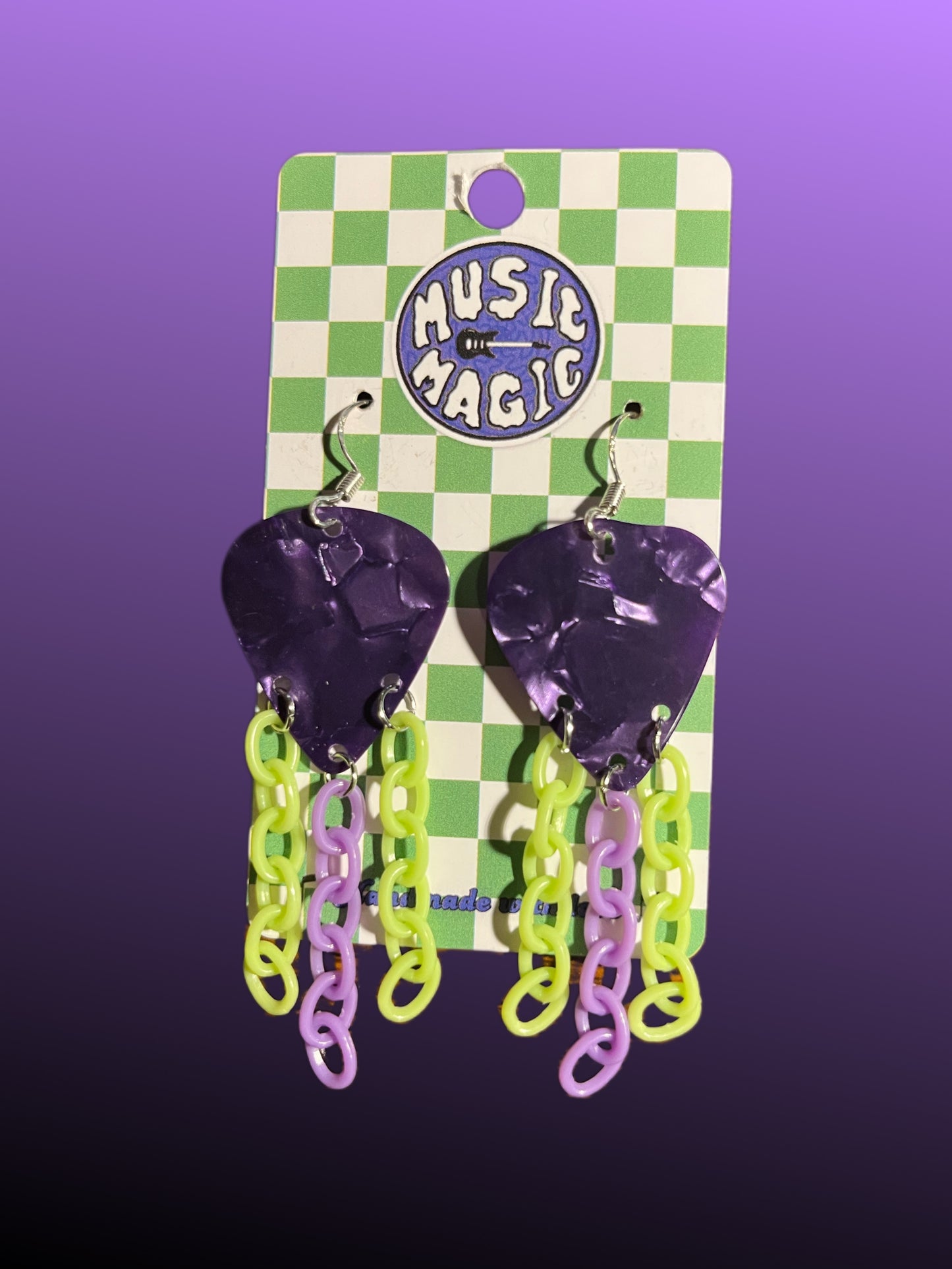 Purple Guitar Pick and Chain Earrings