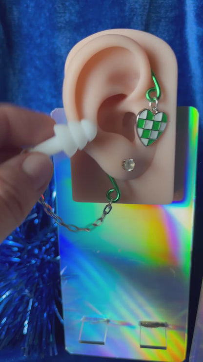 Green Ear Plug Ear Cuff Set - Checker Heart