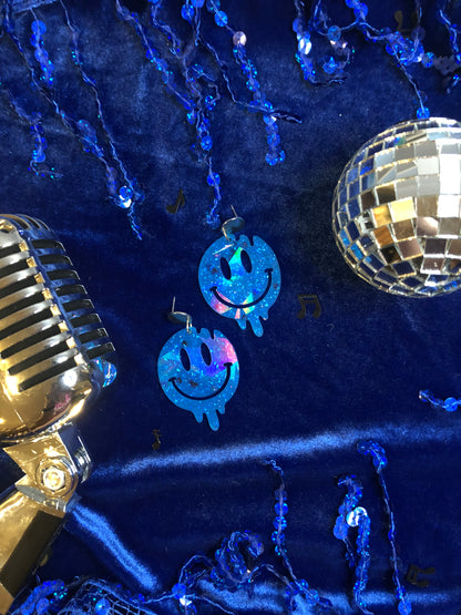 Blue Holographic Drippy Smiley Face Earrings