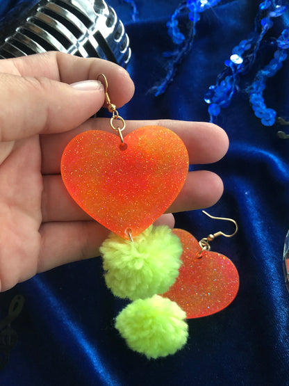 Large Heart with Yarn Puff Dangle Earrings