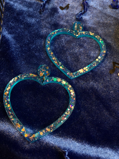Glitter Blue Heart Resin Earrings