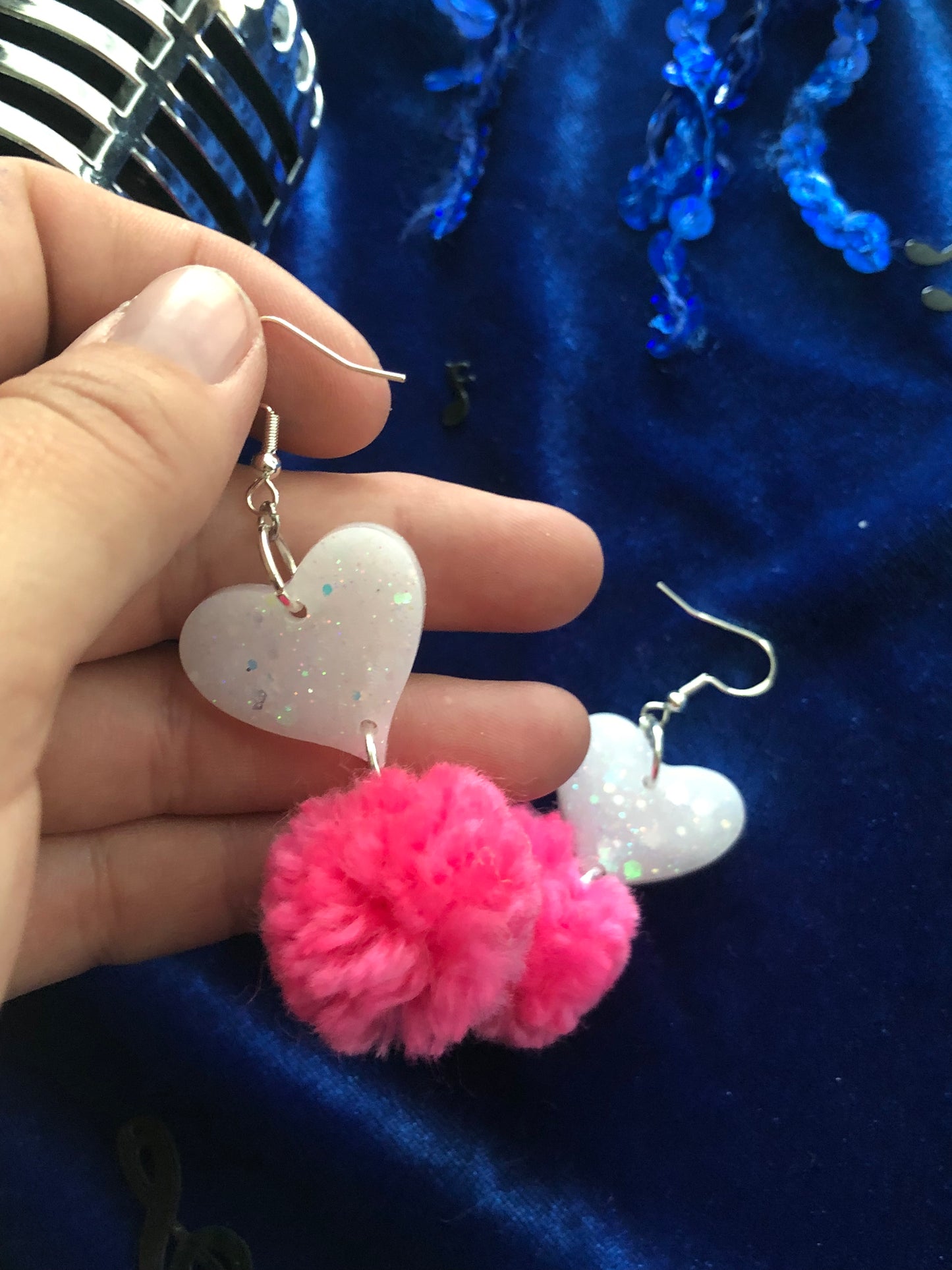 Small Heart with Yarn Puff Dangle Earrings