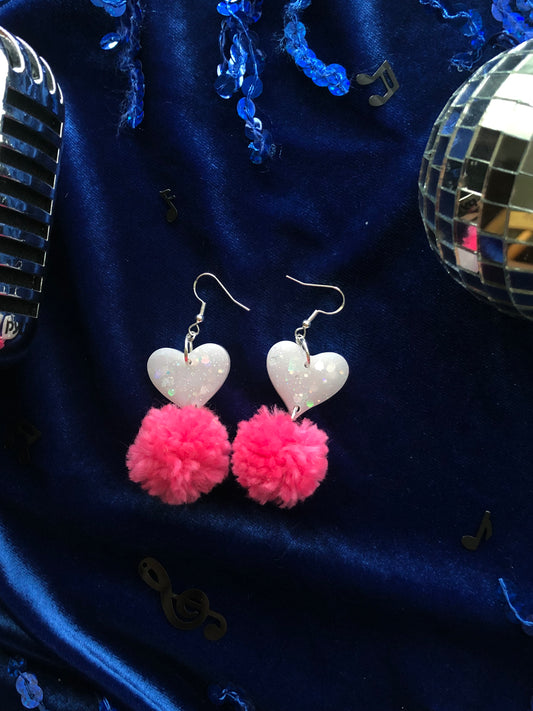 Small Heart with Yarn Puff Earrings