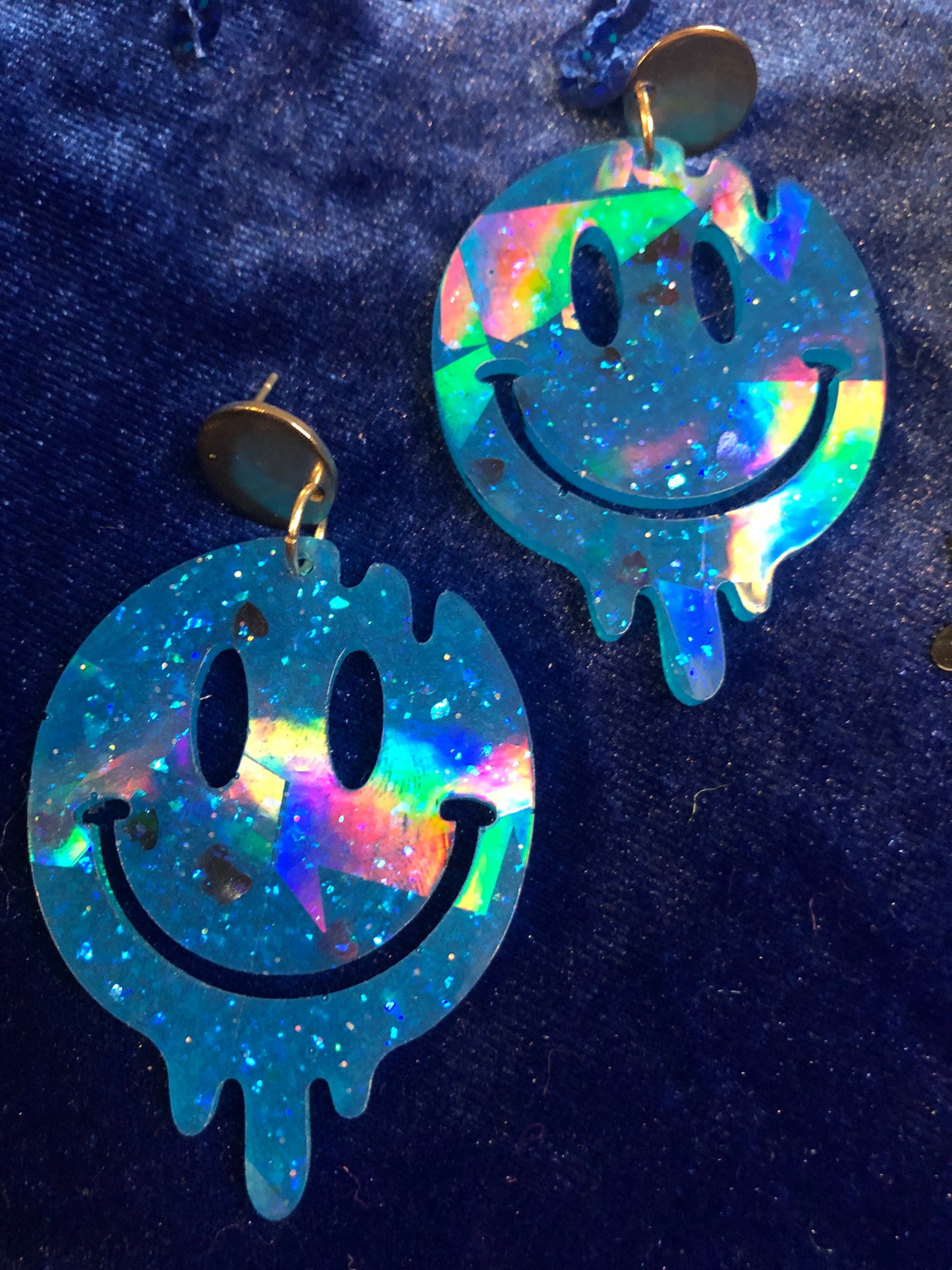 Blue Holographic Drippy Smiley Face Earrings