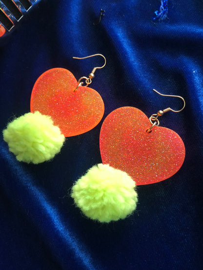 Large Heart with Yarn Puff Dangle Earrings